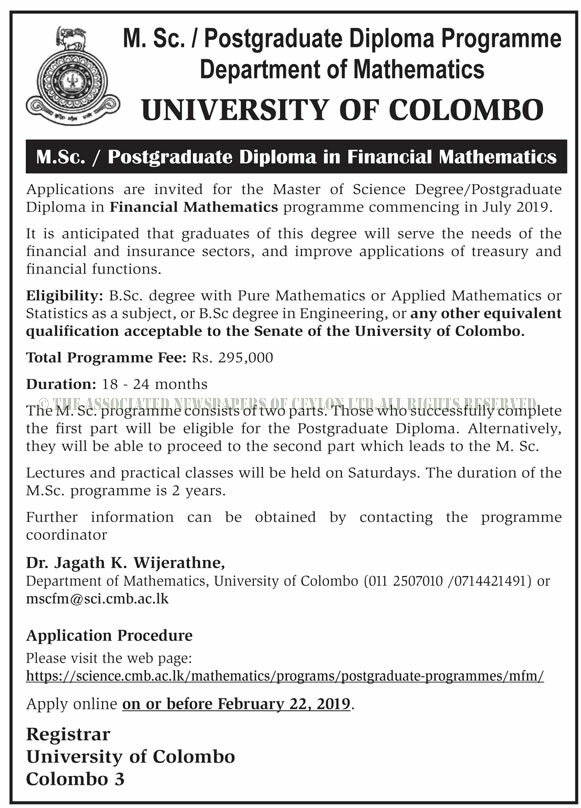 M.Sc. / Postgraduate Diploma in Financial Mathematics - University of Colombo